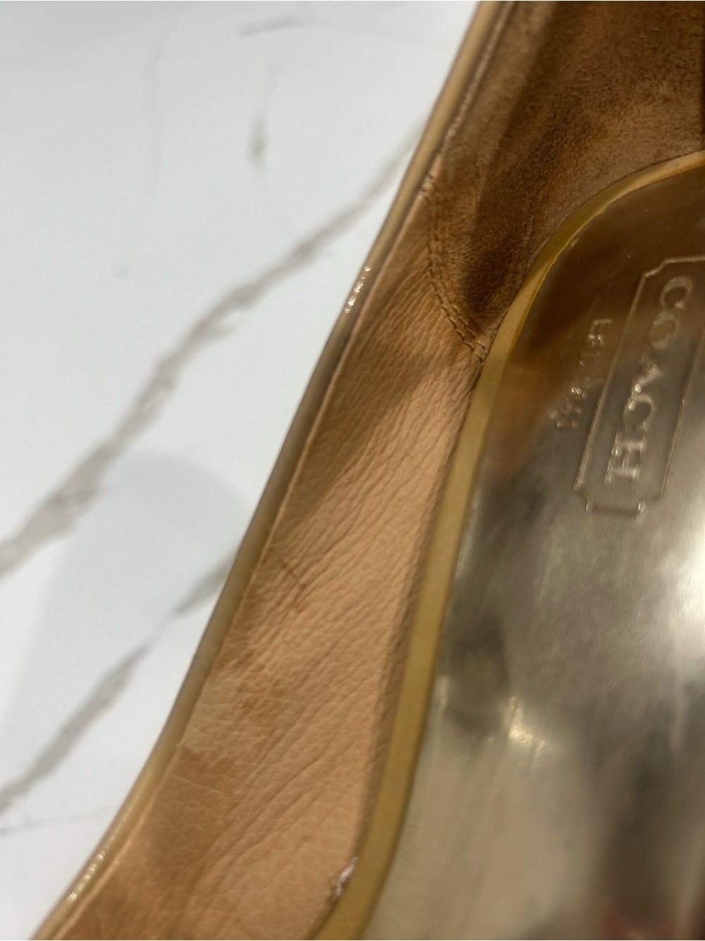 Coach Elora Patent Leather Peep-Toe Pumps in Camel/Tan with Logo Hardware - Picture 7 of 8